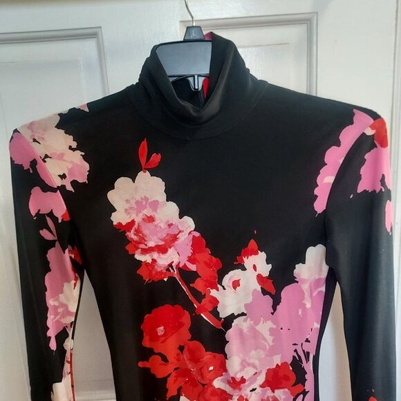 Norma Kamali Fishtail Midi Floral Black Turtleneck Dress - Picture 4 of 10